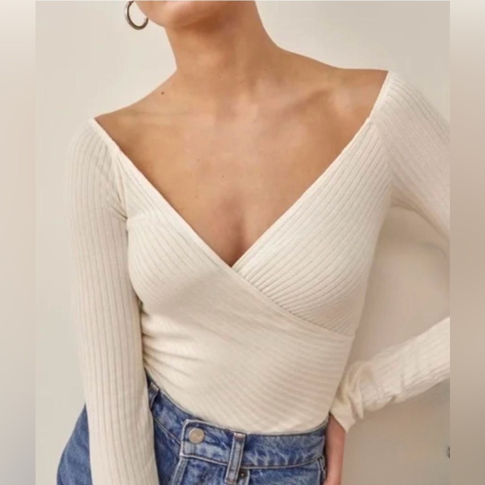 Reformation Cream Ribbed Wrap Top